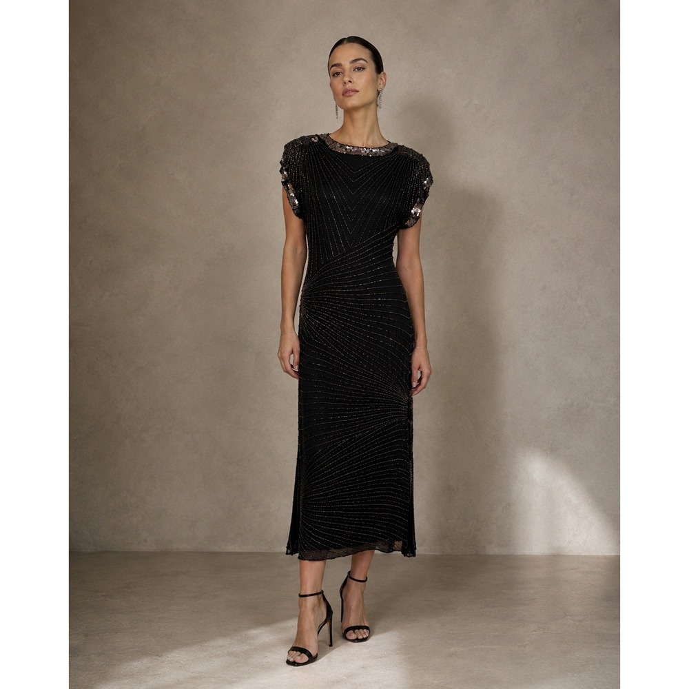 Nite Line Dress Women 10 Black Vintage 80s 90s Silk Beaded Gown Art Deco Event